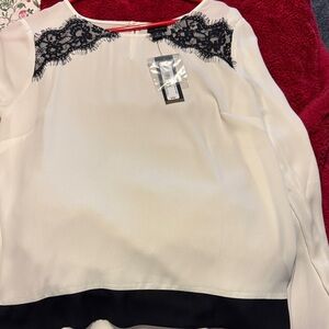 Worthington Elegant Cream Blouse with Black Lace